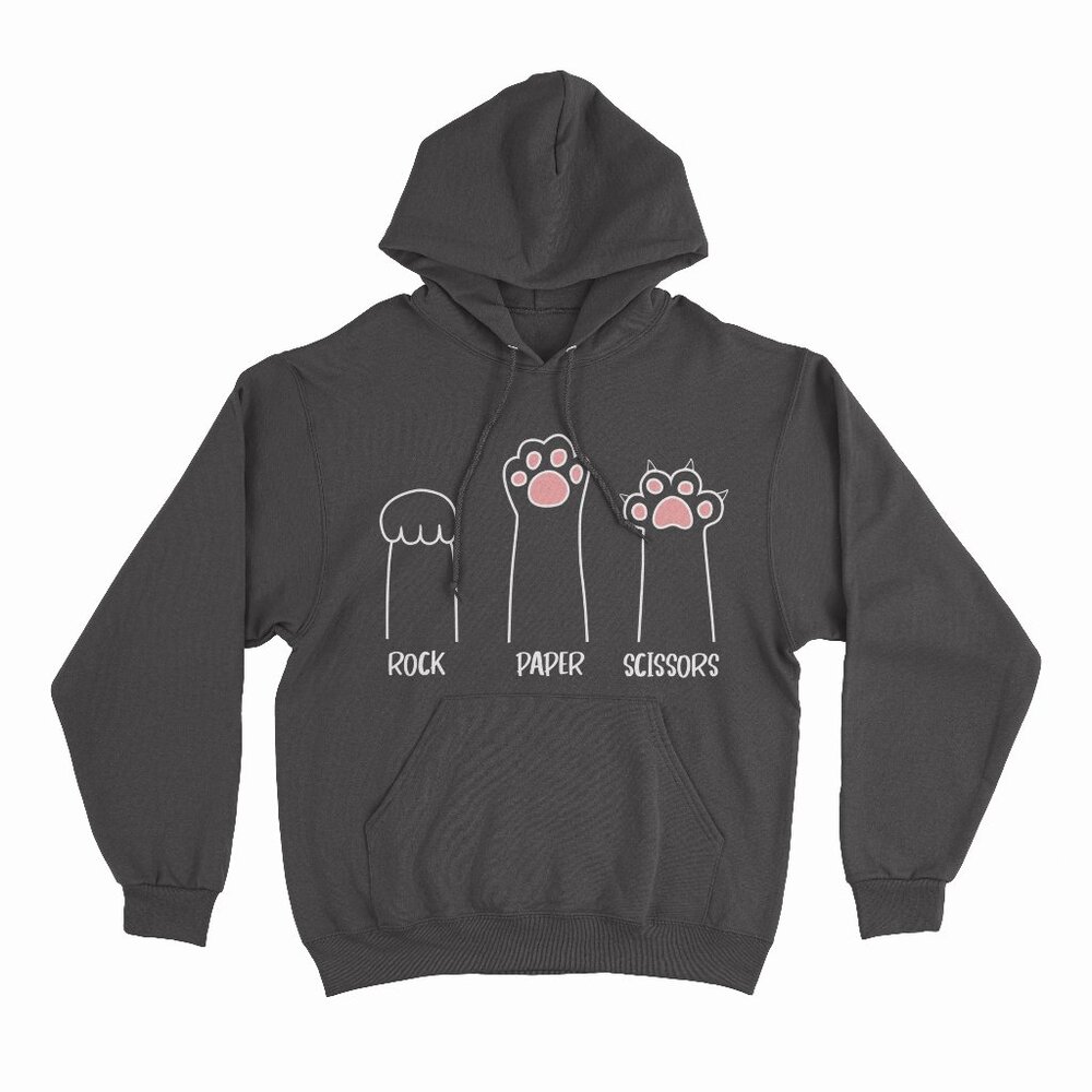 Rock Paper Scissors Hand Game Cute Paw Funny Cat Black Hoodie